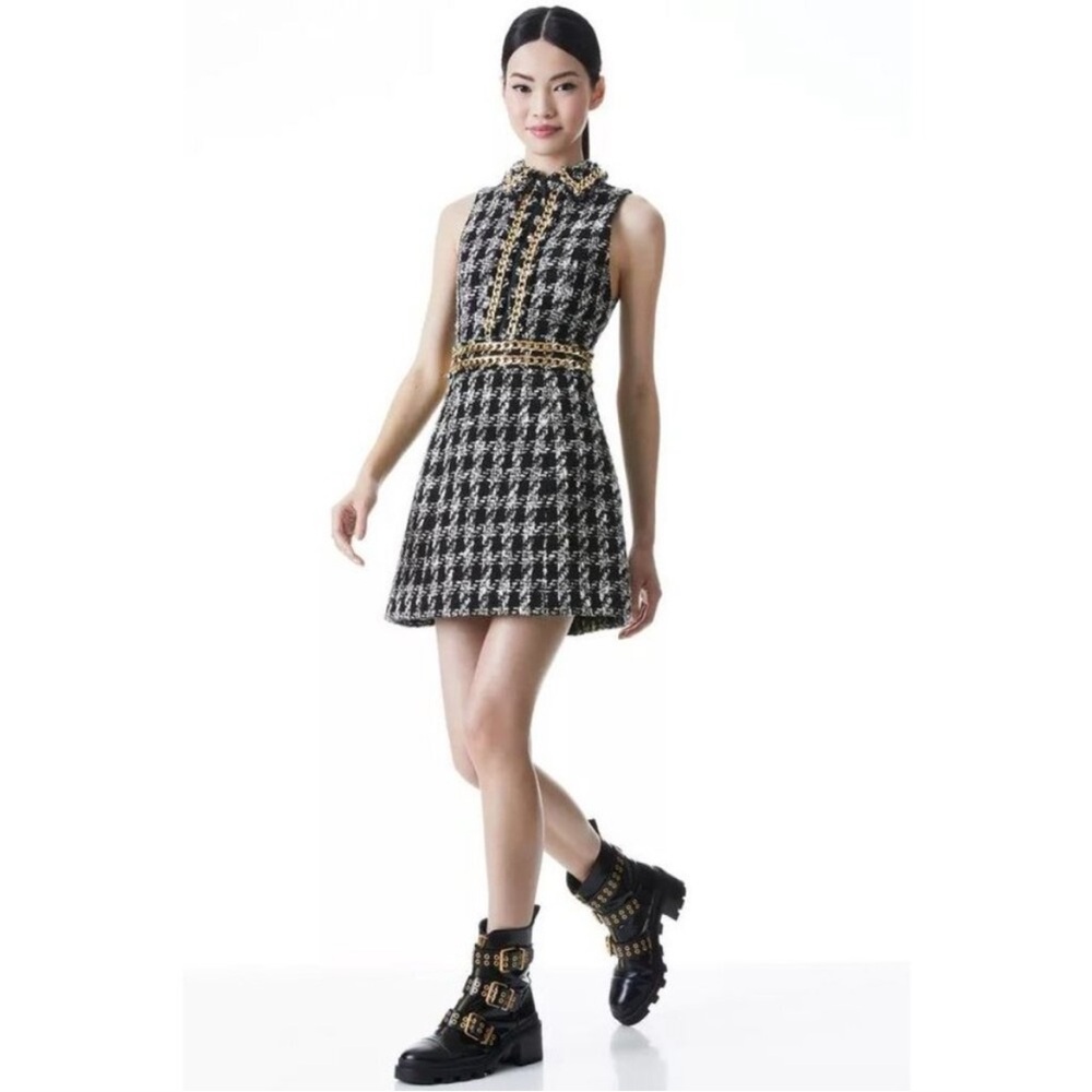Alice + Olivia Ellis Zip-Front Dress with Gold Chain Trim. Size 2.